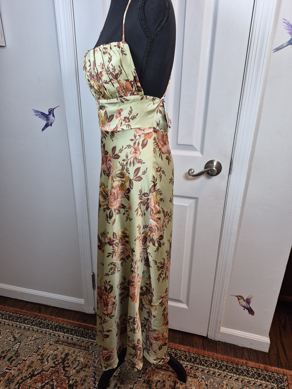 Aiyana Floral Satin Maxi Dress Cottagecore Whimsigoth Wedding Guest New - Picture 3 of 7
